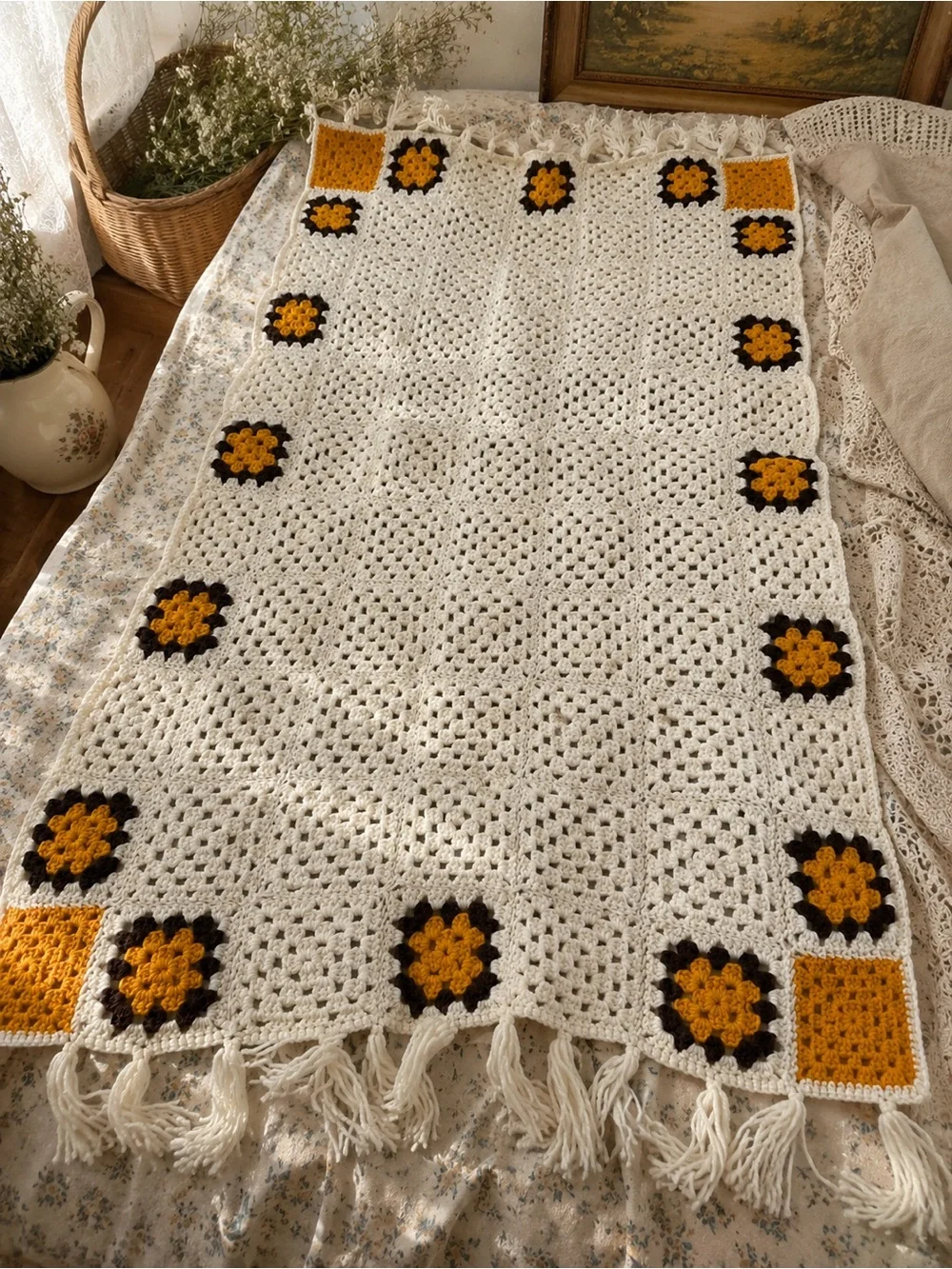 Handmade Crochet Granny Square Throw Blanket Cream Mustard Brown Fringe 32x55